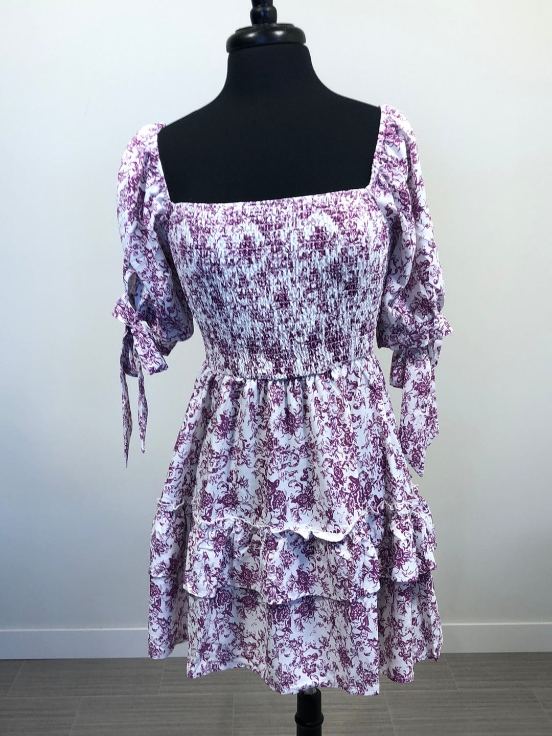 Purple Smocked Bodice Print Dress
