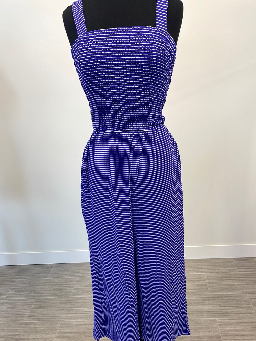 Bright Blue & Ivory Striped Smocked Top Pocket Jumpsuit