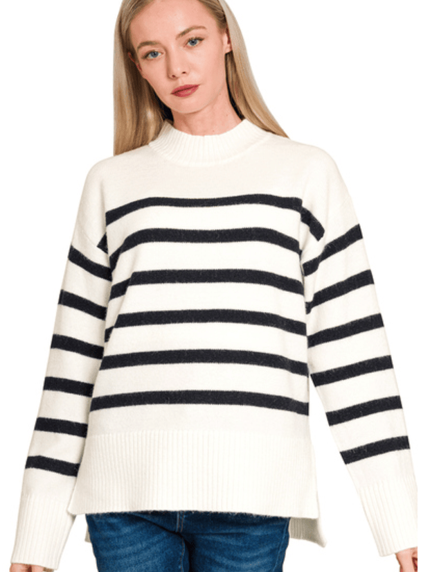 Ivory & Black Striped Mock Neck Sweater