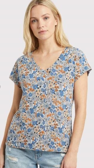 Ivory & Blue Floral V-Neck Top