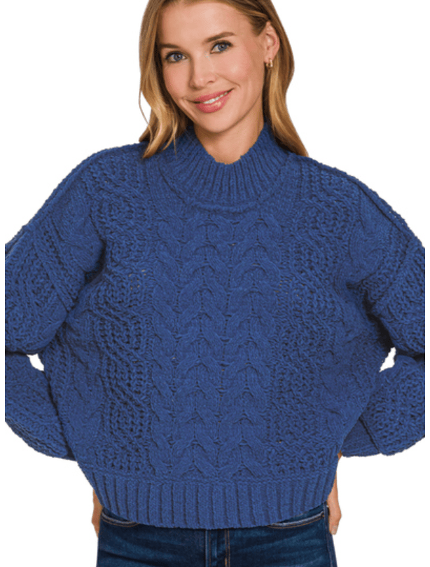 Light Navy Cable Knit Balloon Sleeve Sweater