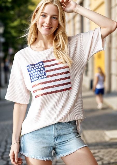 Oat Ribbed Sequins Flag Patch Top