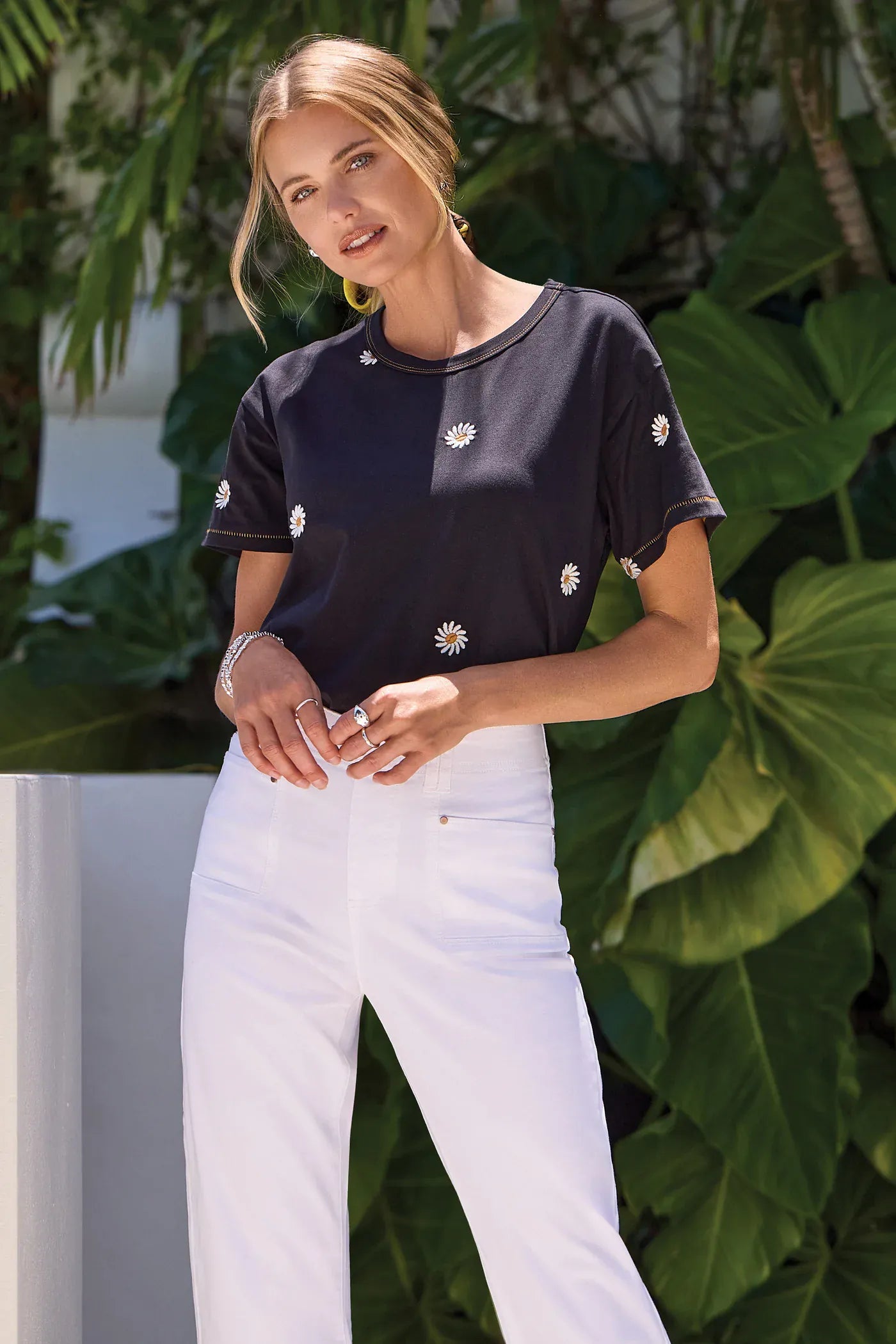 Black Embroidered Daisy Short Sleeve Crew Neck Top