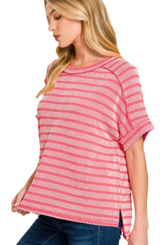 Red Raised Ribbed Exposed Seam Top