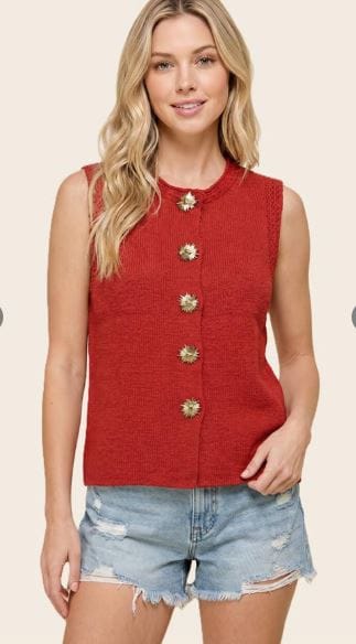 Red with Gold Buttons Sleeveless Sweater