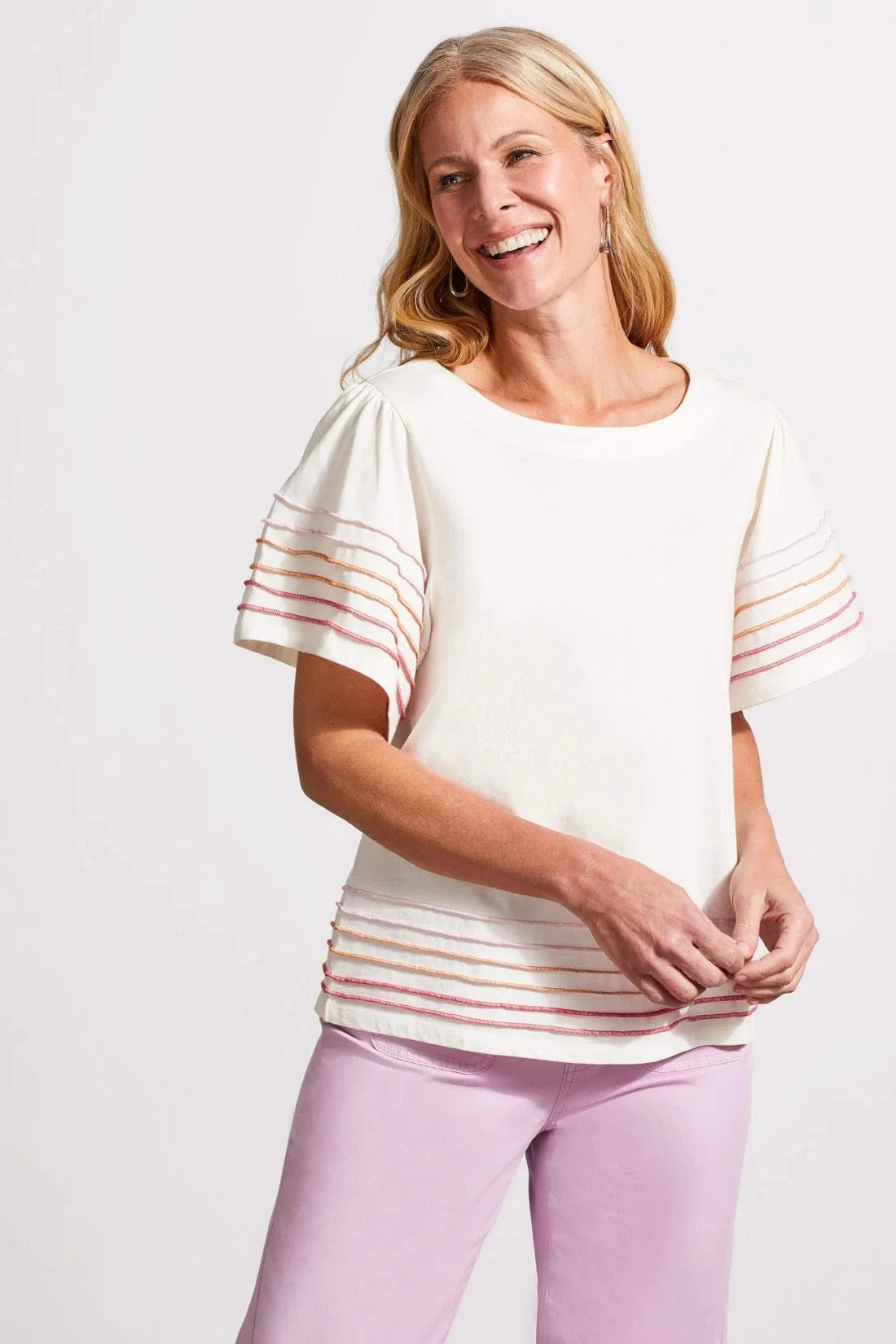 White Contrast Stitching Boat Neck Top