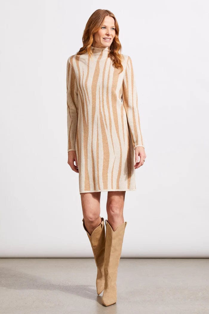 Beige Funnel Neck Jacquard Sweater Dress