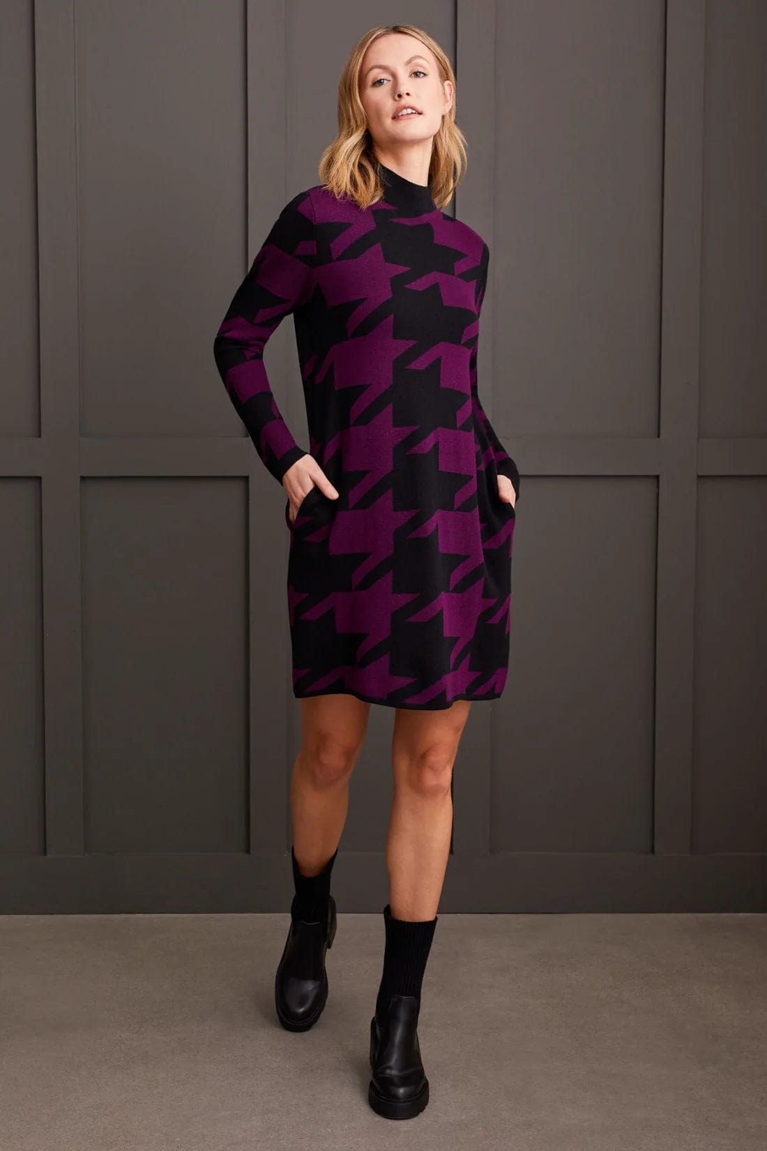 Dark Plum Funnel Neck Jacquard Sweater Dress