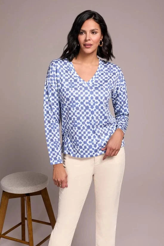 Ultrablue Fuzzy Soft V-Neck Combo Print Knit Top