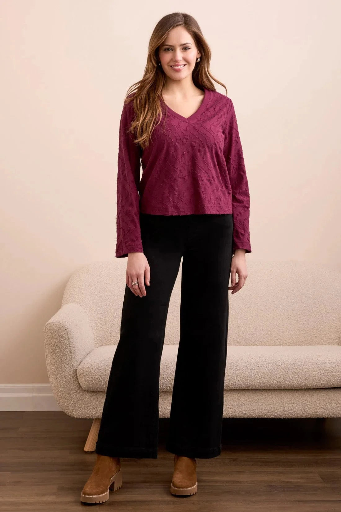 Wine Jacquard V-Neck Top