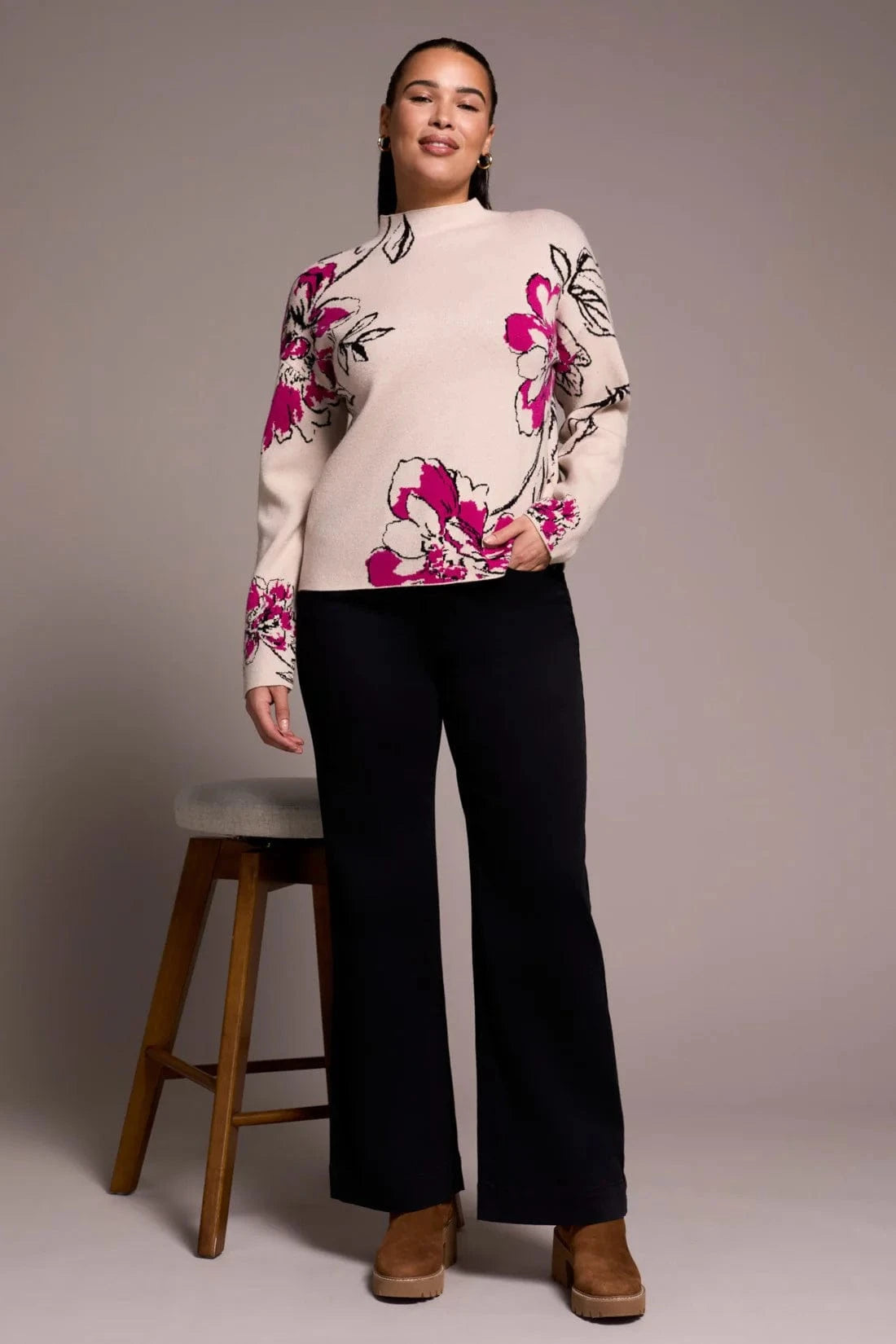 Pink Flambe Floral Knit Jacquard Funnel Neck Sweater