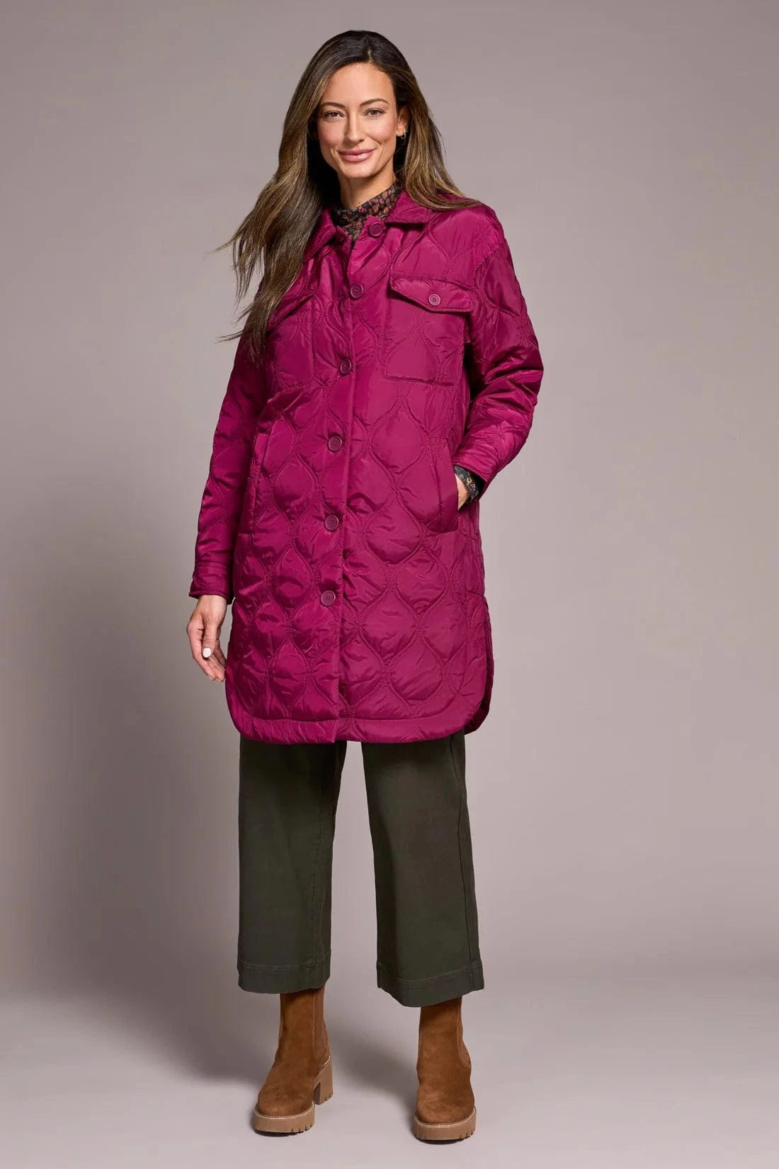 Plumwine Long Quilted Button-Up Jacket