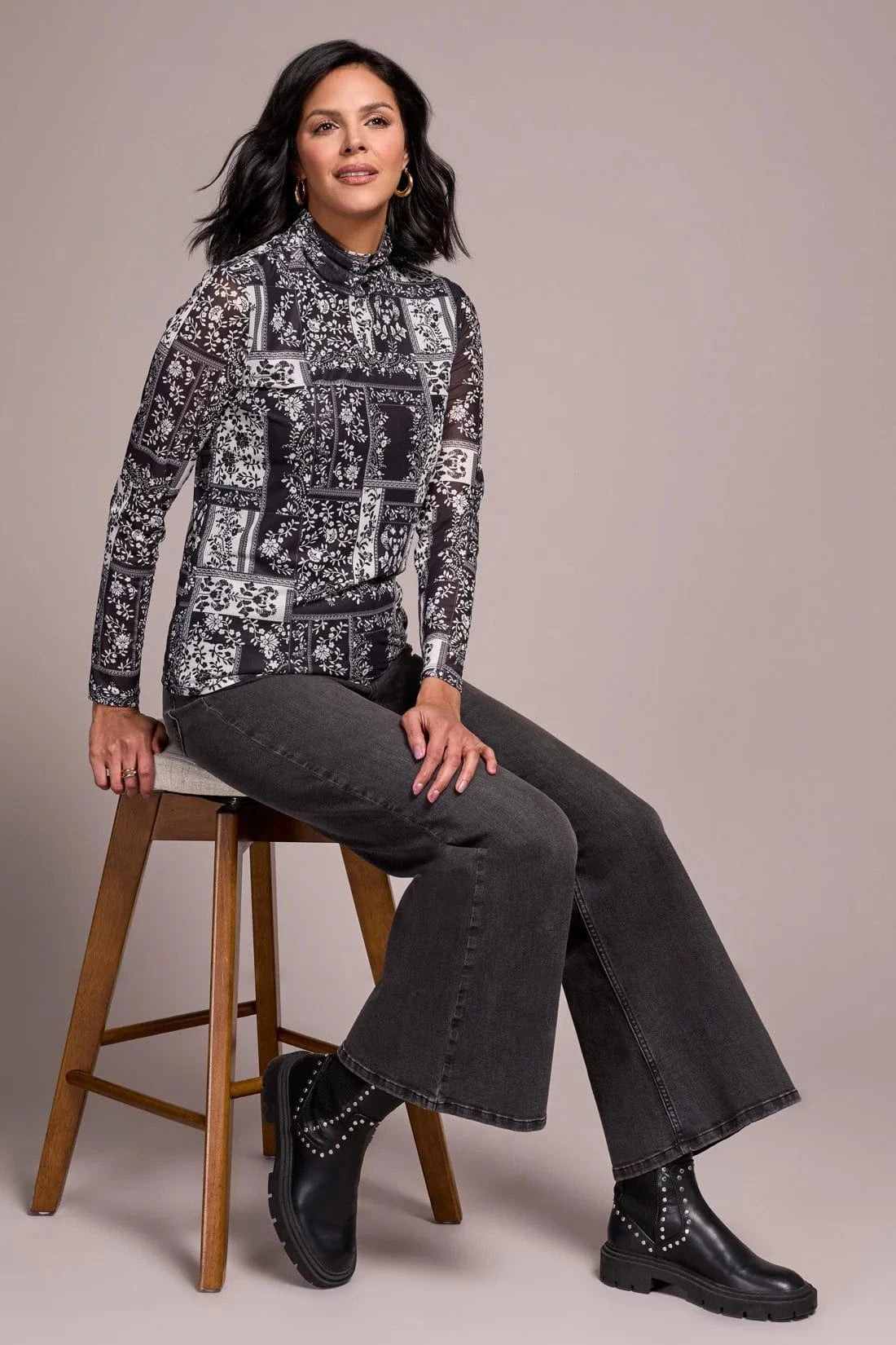 Black & White Printed Mesh Lined Turtleneck Top