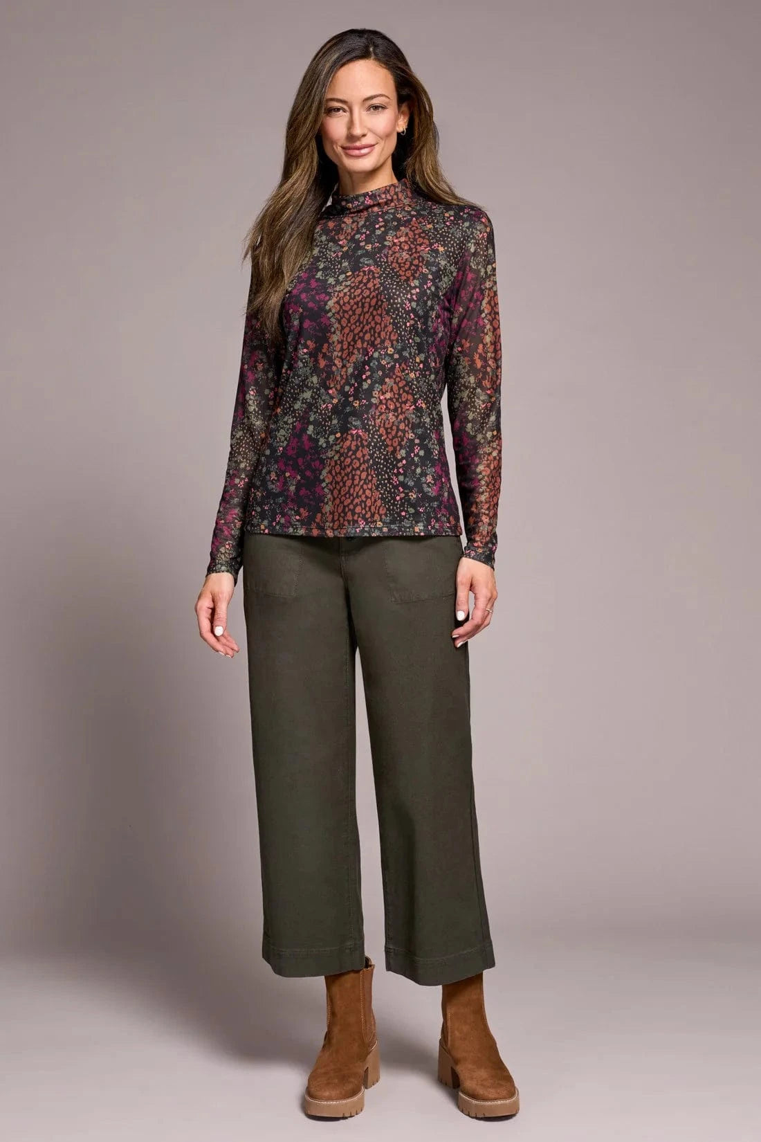 Black & Plum Printed Mesh Lined Turtleneck Top