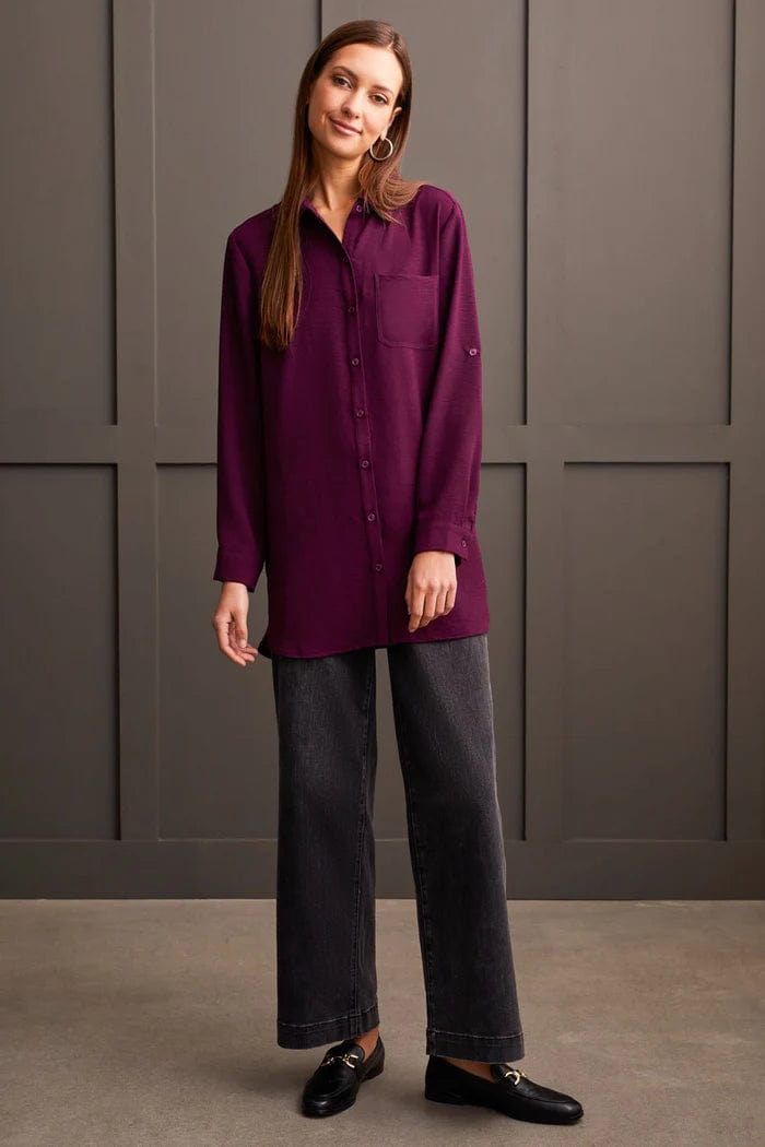 Dark Plum Pebbled Crepe Roll-Sleeve Tunic Shirt