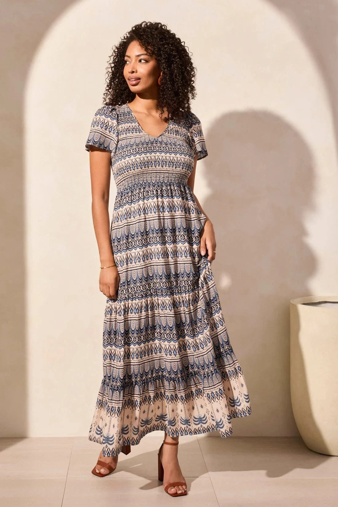 Scuba Blue Printed Ruched-Top Maxi Dress