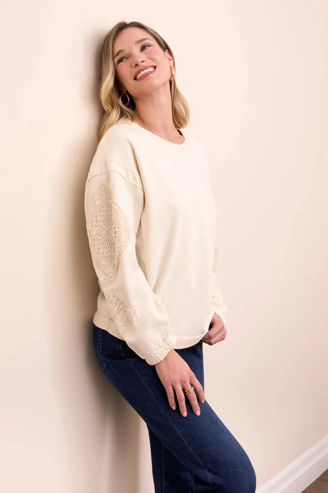 Cream Applique Detail Crew Neck
