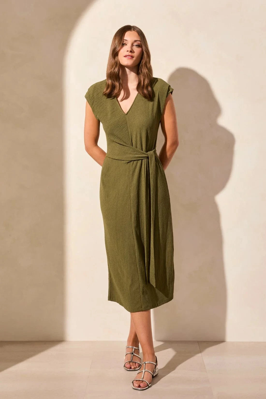 Loden Textured Stripe Front Tie Dress