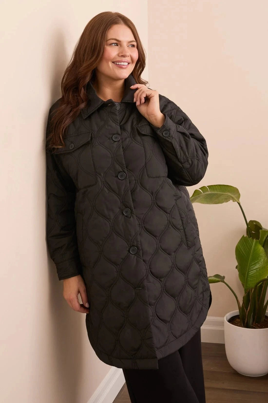 Black Long Quilted Button-Up Jacket