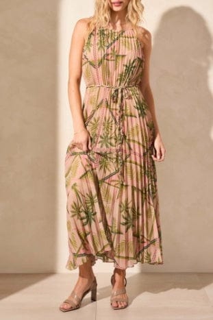 Aloe Leaf Lined Maxi Plissee Dress