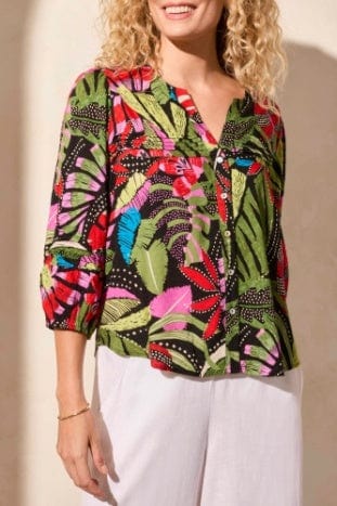 Loden 3/4 Sleeve Button Blouse w/Pleats