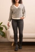 Cream Combo Ribbed V-Neck Top