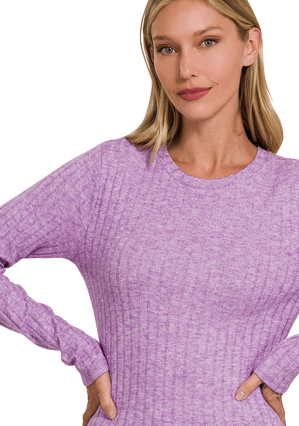 Violet Ribbed Long Sleeve Round Neck Top