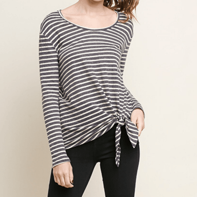 Stripe Long Sleeve Front Tie Top