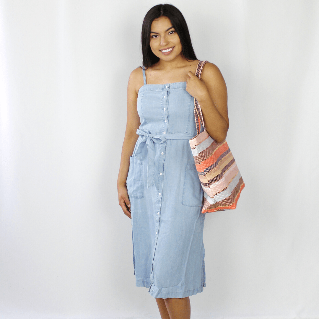 Light blue denim knee-length dress with pockets
