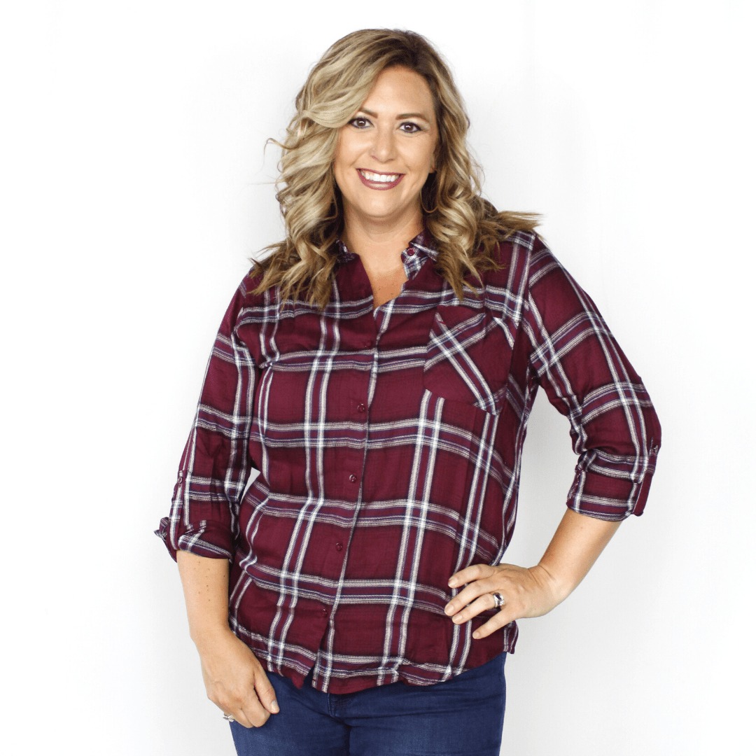 Burgundy long sleeve plaid shirt