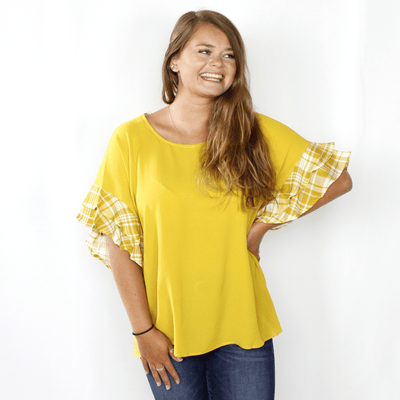 Mustard Plaid Print Ruffle Sleeve Top