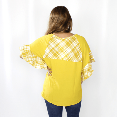Mustard Plaid Print Ruffle Sleeve Top