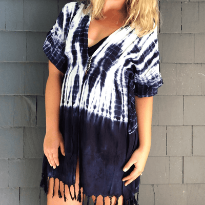 Blue tie-dye swimsuit cover up, tassel detail