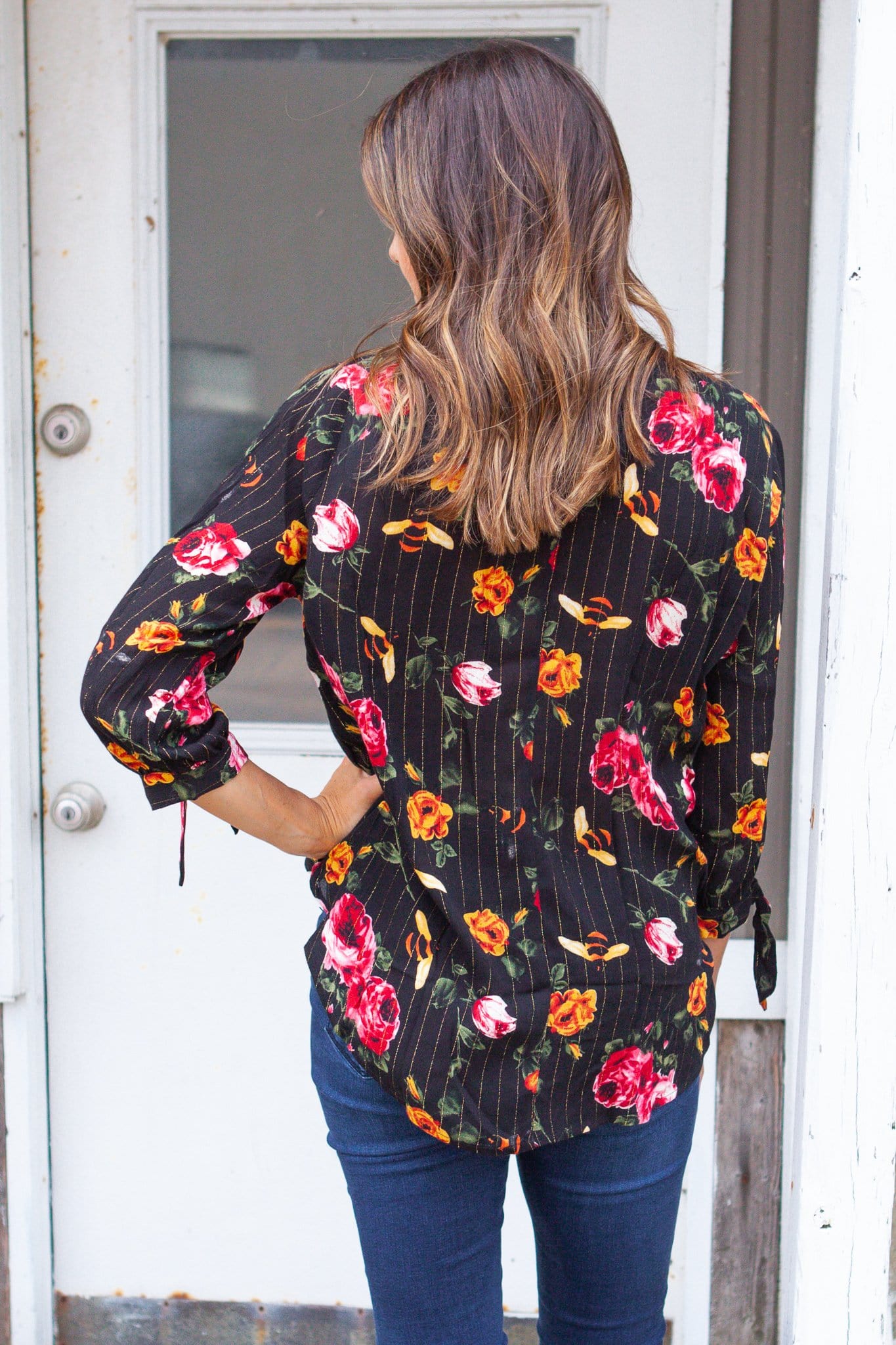Black Floral Top w/Gold Stitching