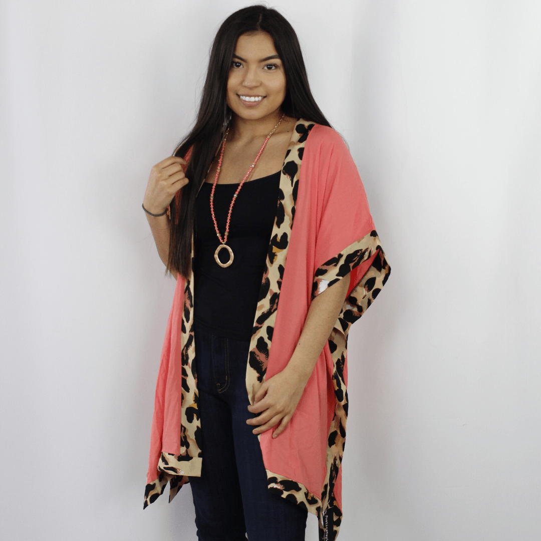 Coral short sleeve kimono, leopard print accent