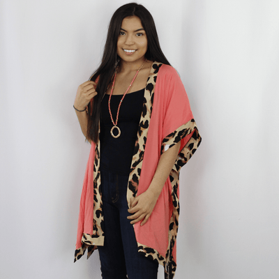 Coral short sleeve kimono, leopard print accent