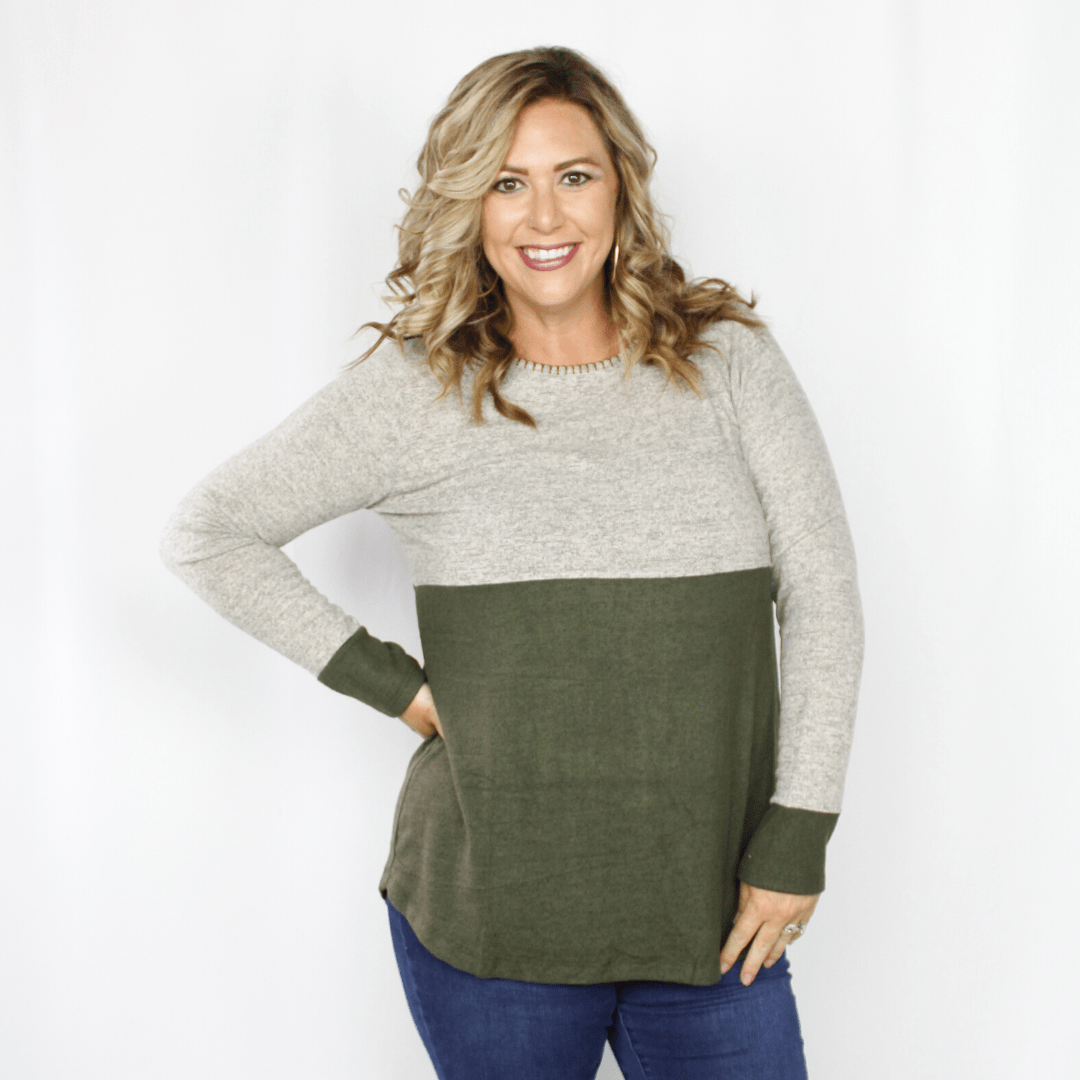 Long sleeve beige and green shirt