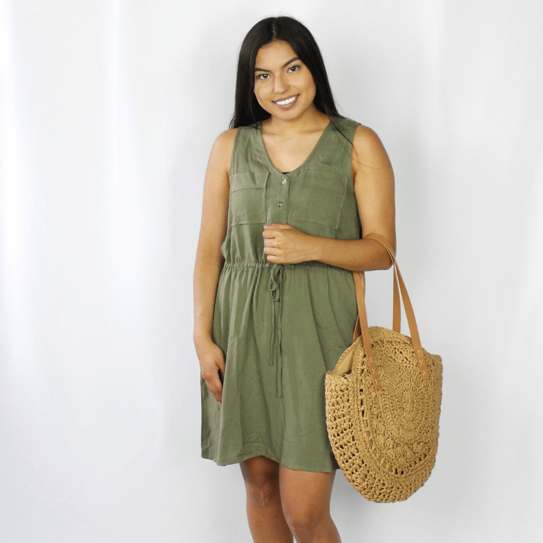 Olive green drawstring dress with pockets