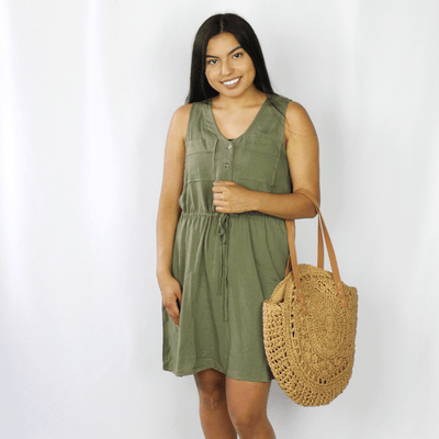 Olive green drawstring dress with pockets