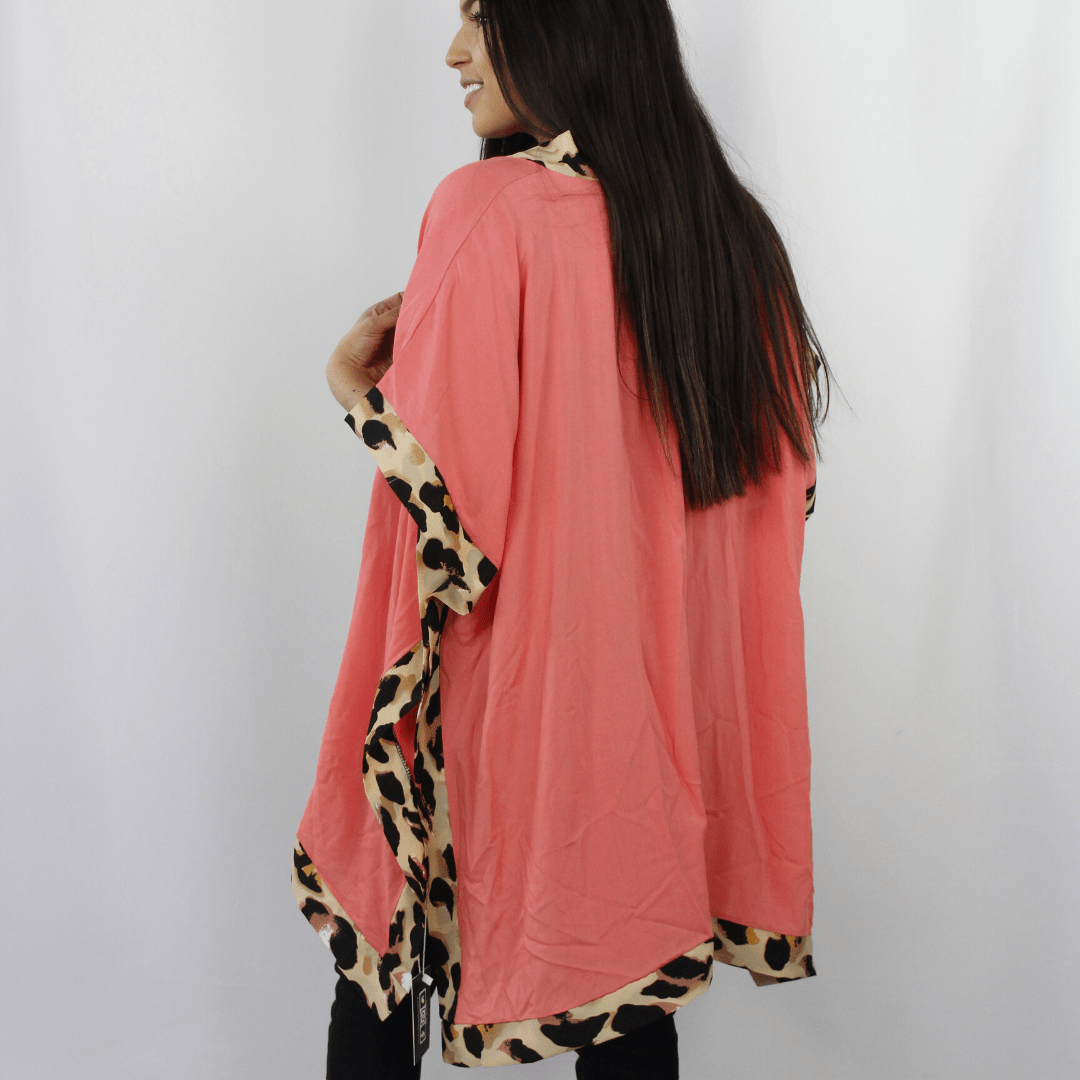 Coral short sleeve kimono, leopard print accent
