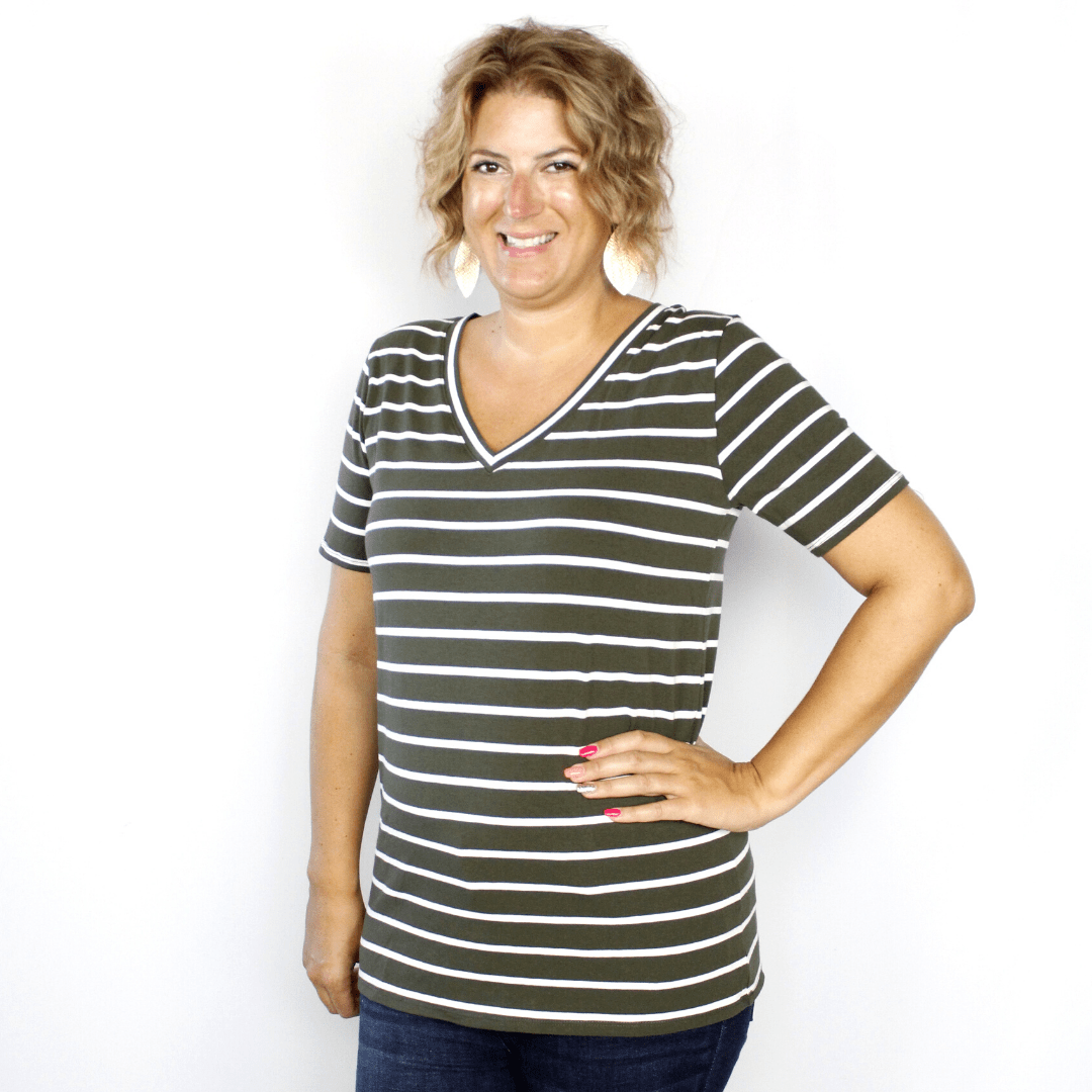 Short Sleeve Vneck Stripe Top