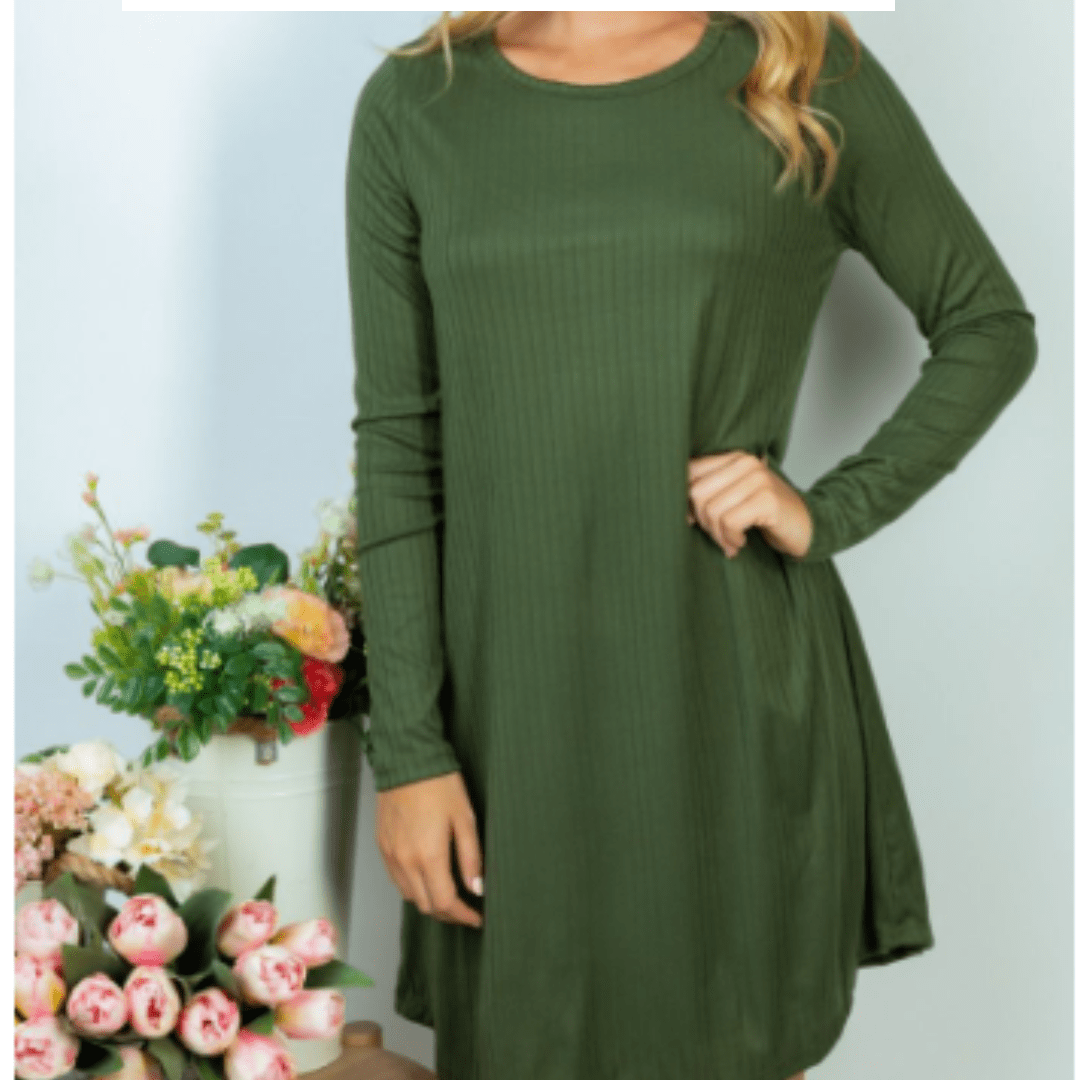 Olive Ribbed Long Sleeve Dress