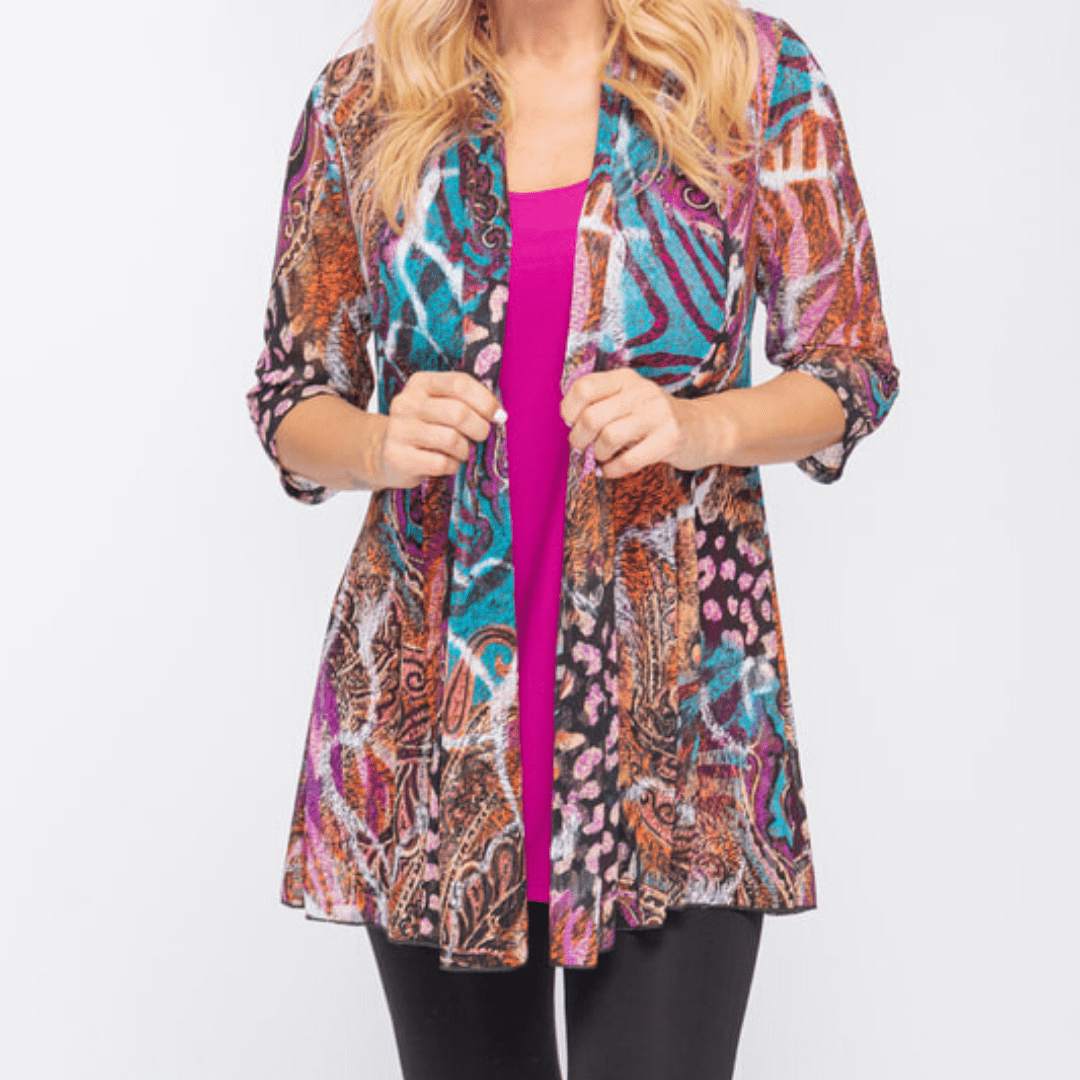 Teal Multi Print Mesh Cardigan