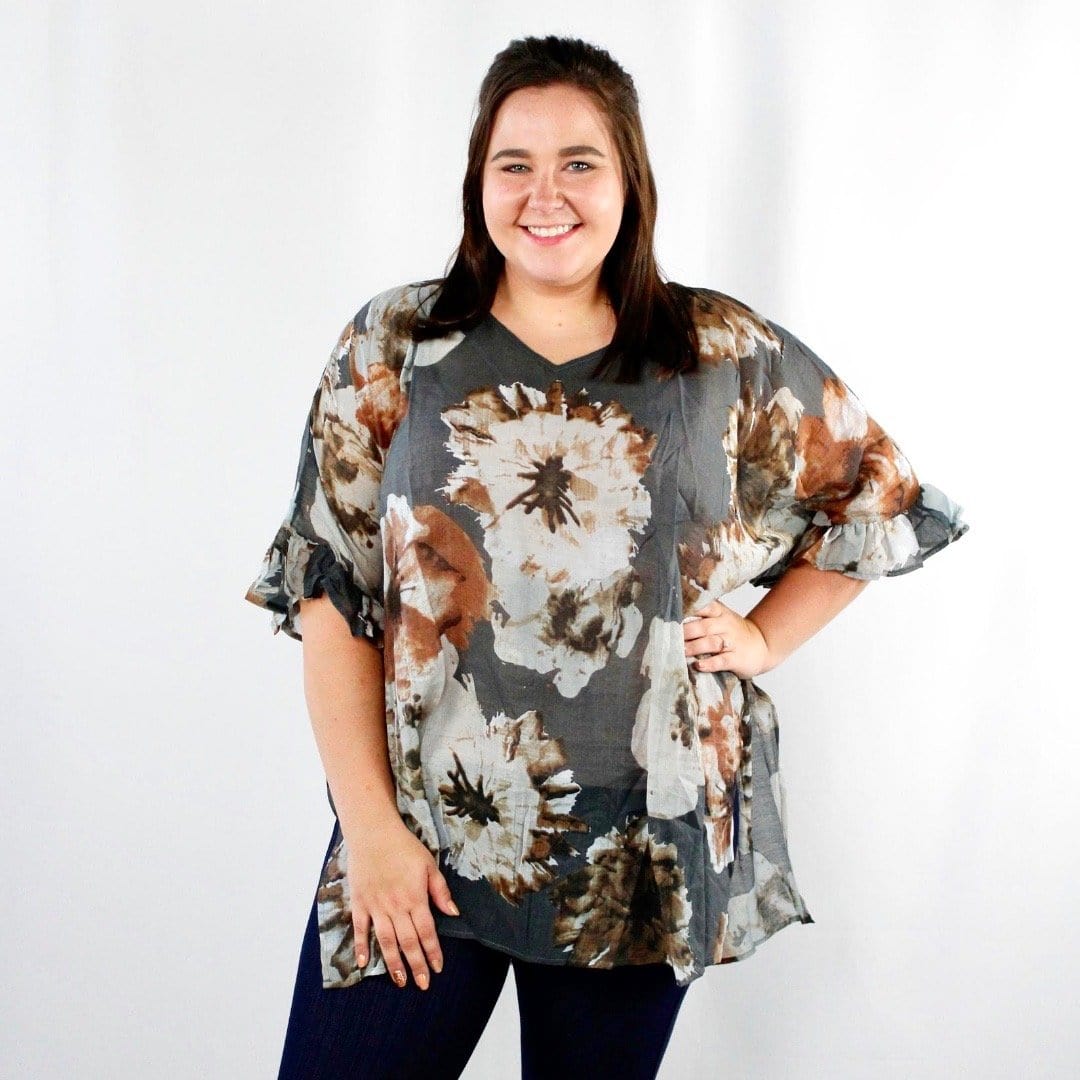 Sheer Floral Ruffle Sleeve Top