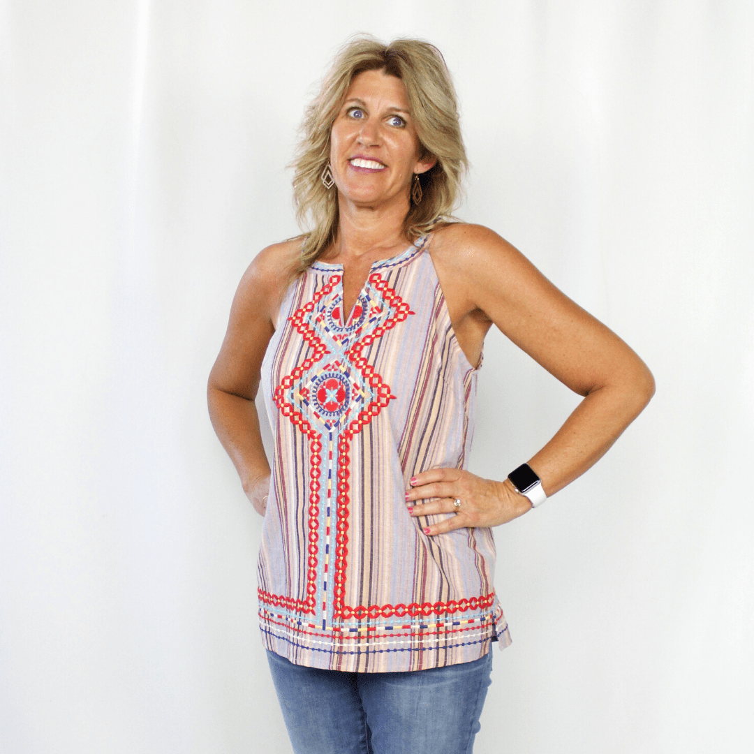 Multi Stripe Embroidered Halter Top