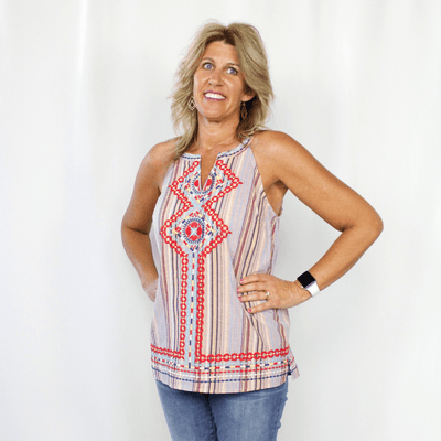 Multi Stripe Embroidered Halter Top