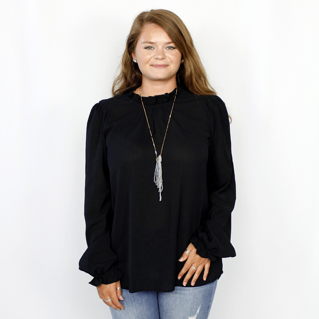 Black long sleeve high neck blouse, sheer