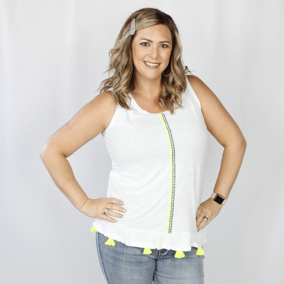 White tank top with neon tassel accents