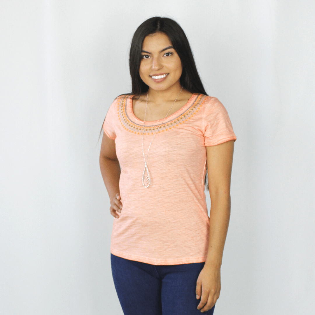 Coral Embroidered Short Sleeve Top