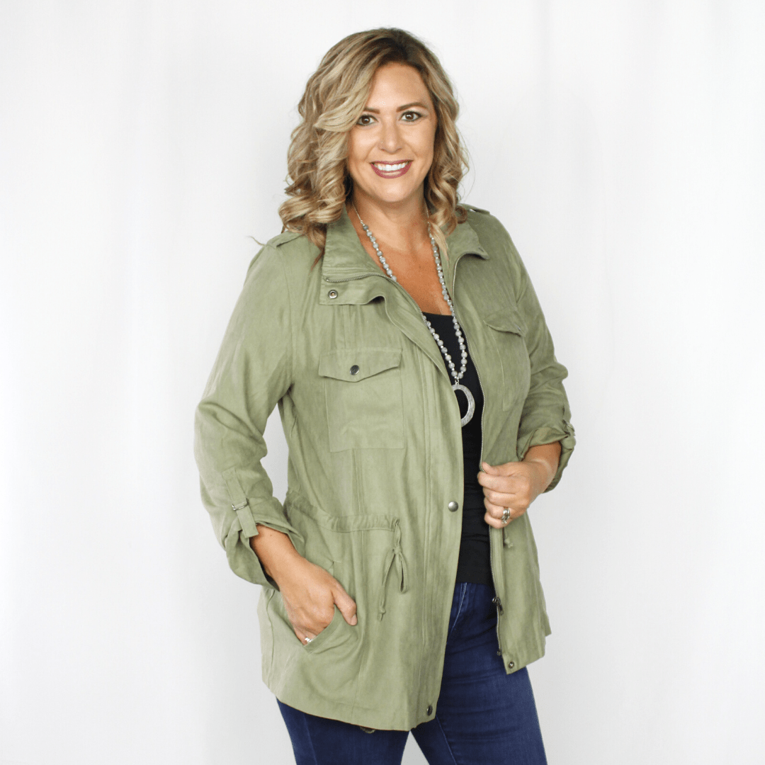 Light sage green military jacket, button pocket and adjustable sleeves